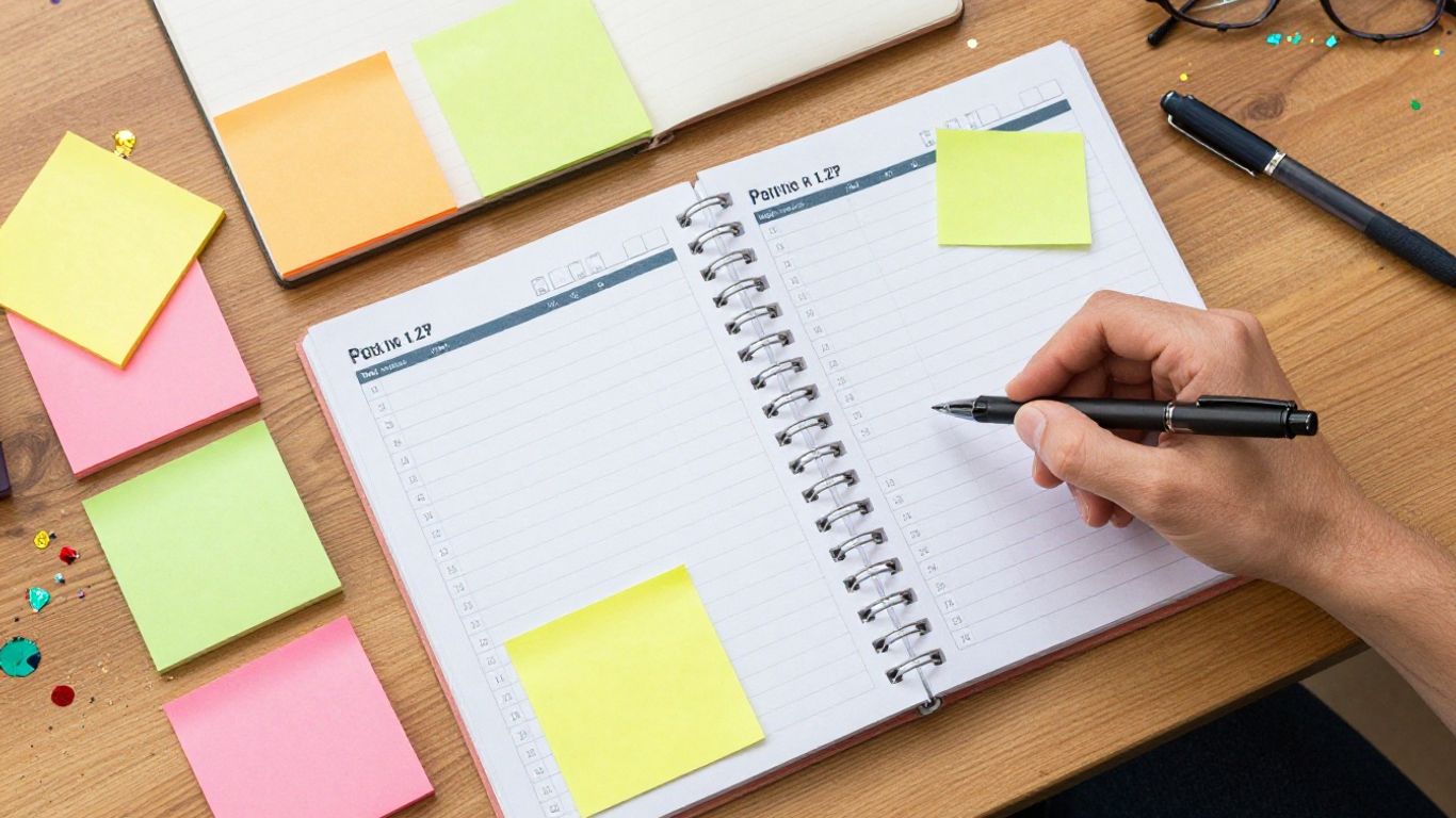 Event planning checklist with colorful notes and confetti.