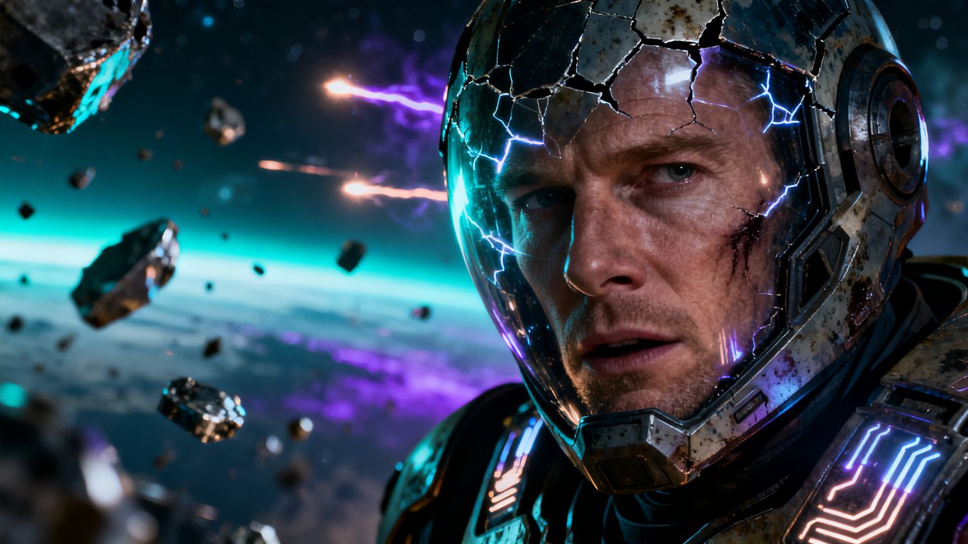Michael Fassbender in a sci-fi helmet, looking intense.