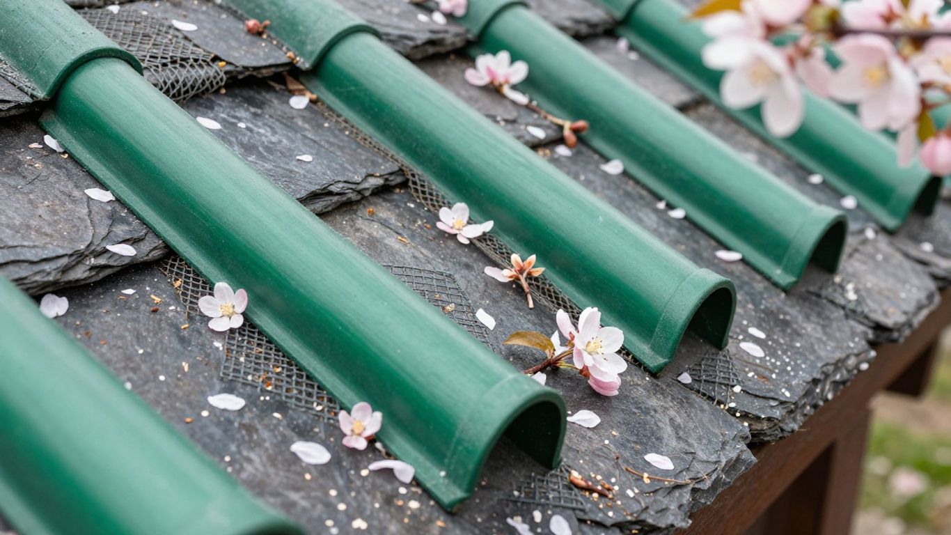 Gutter guards on a slate roof with spring blossoms.