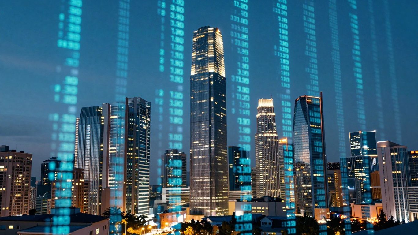 Modern cityscape with digital financial data streams.