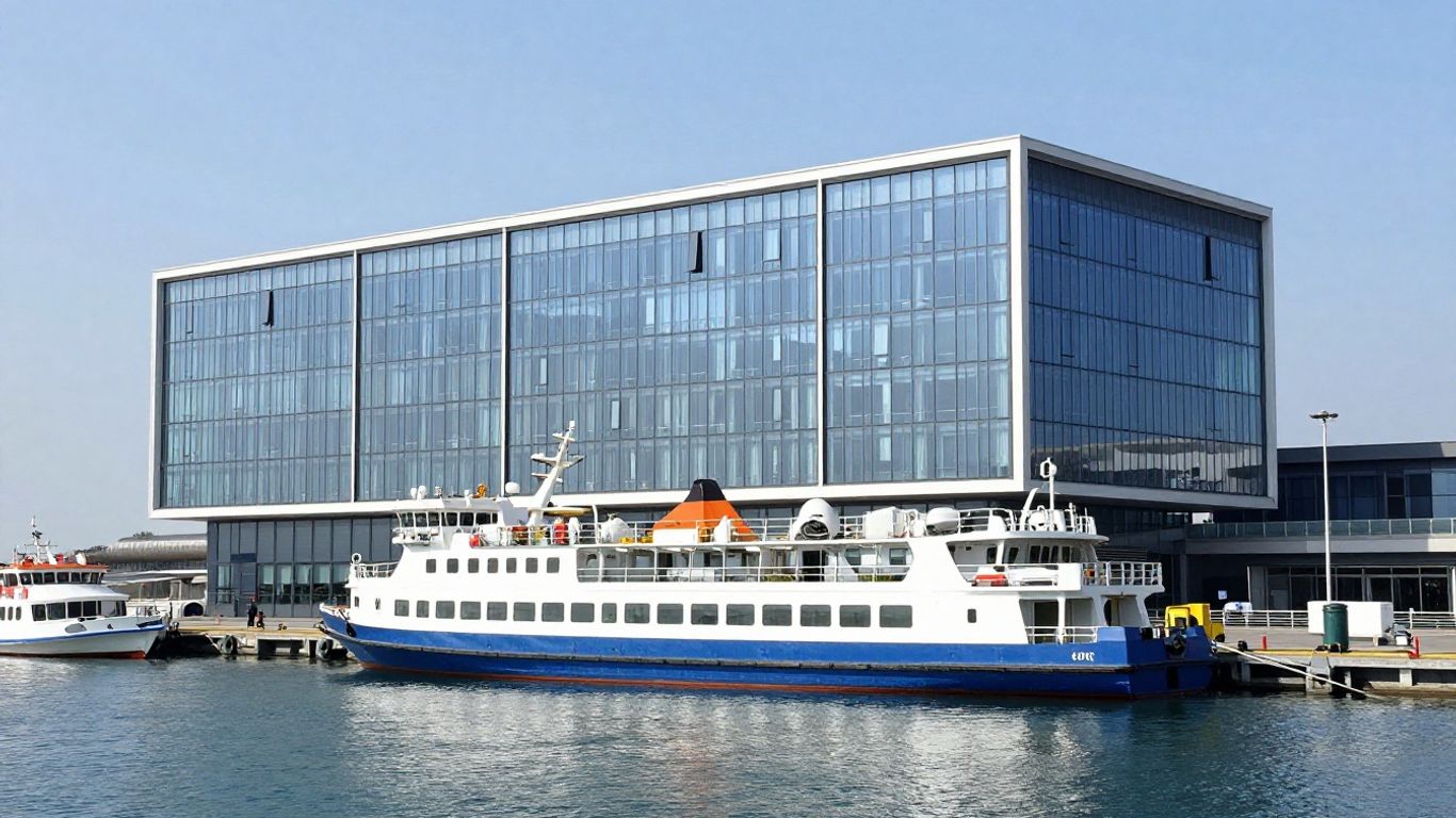 Modern ferry terminal building with docked ferries.