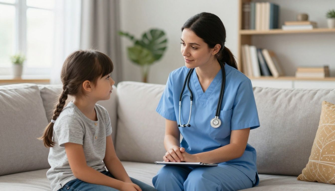 A compassionate home care nurse sits calmly with a young child in a brightly lit living room, creating a sense of trust and stability.