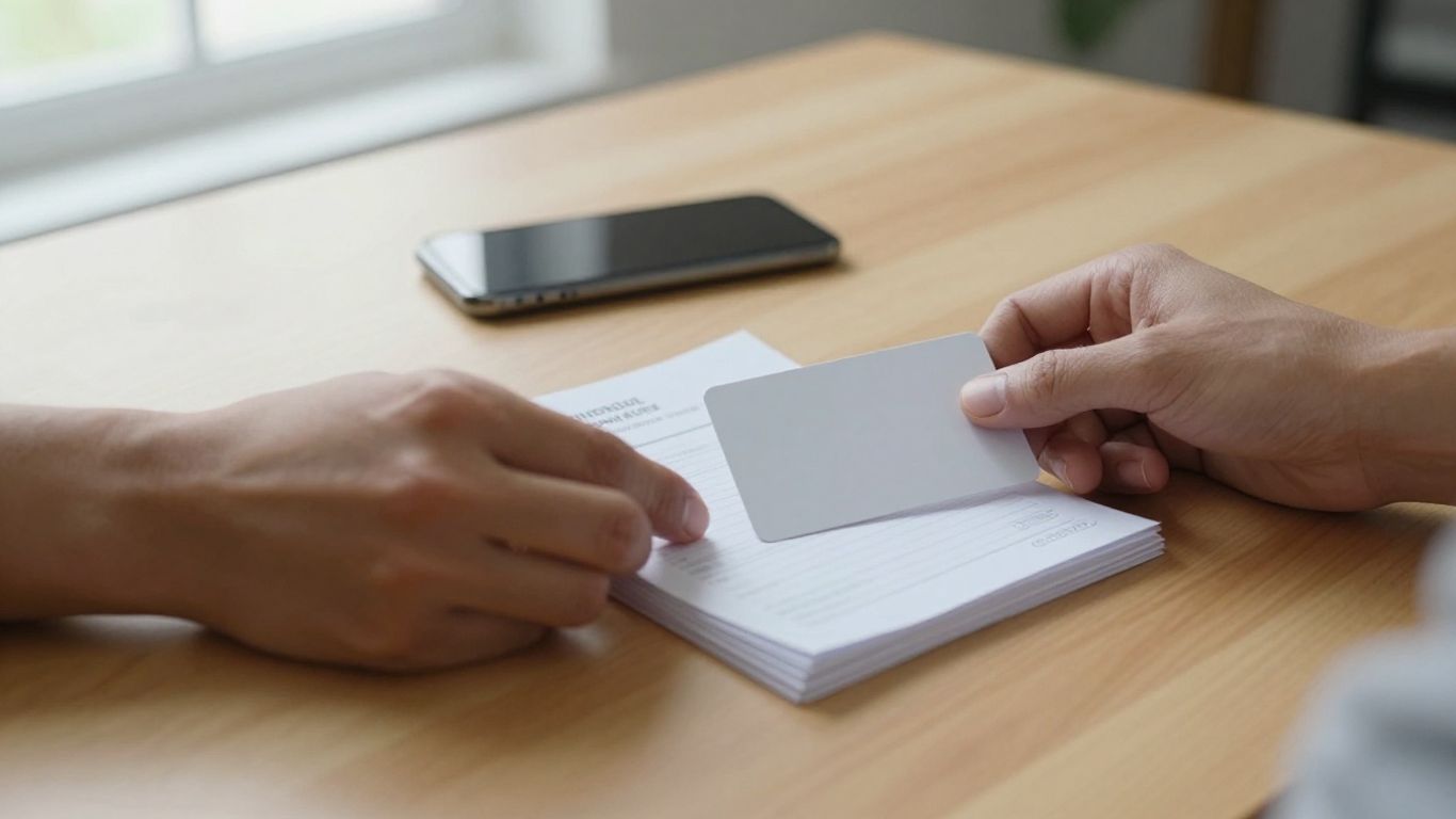 Hands arranging a payment card and monthly paperwork