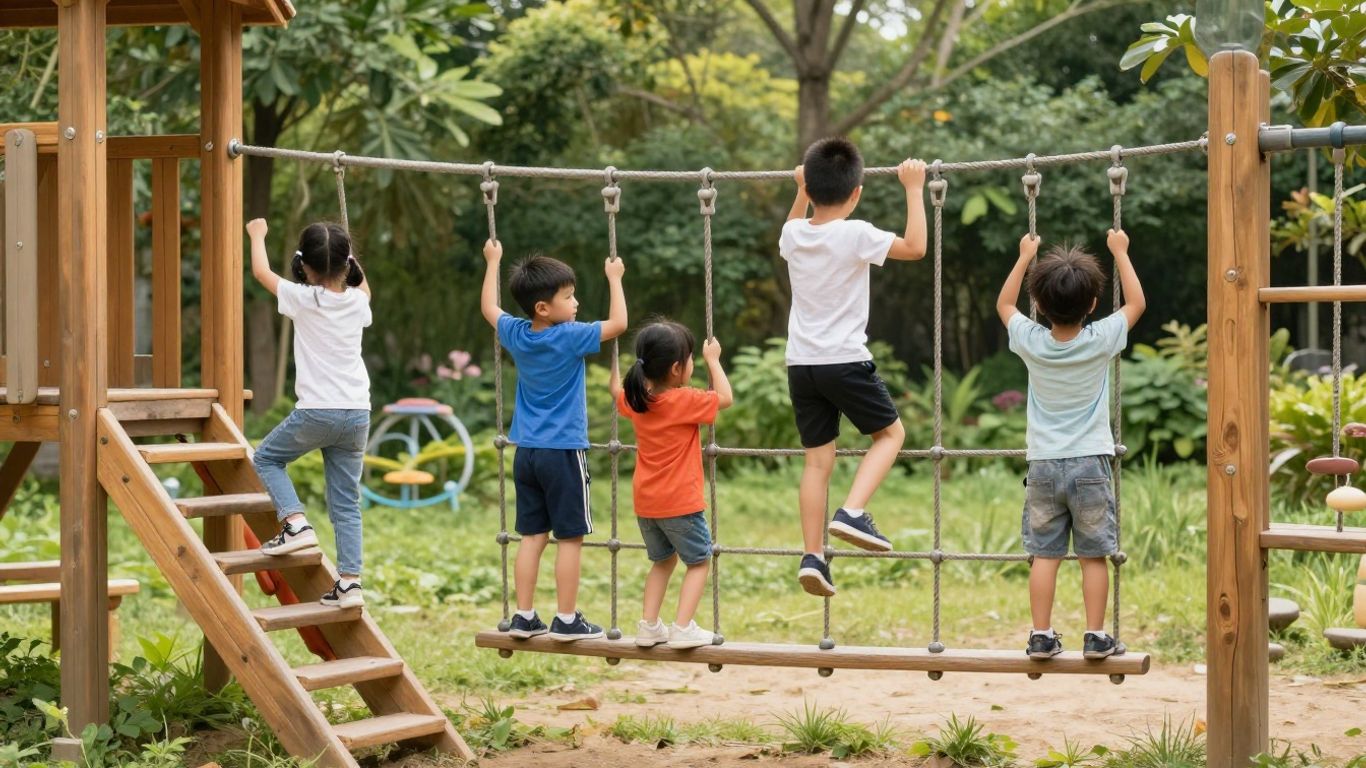 Kinderen spelen in een natuurlijke speeltuin met houten speeltoestellen.