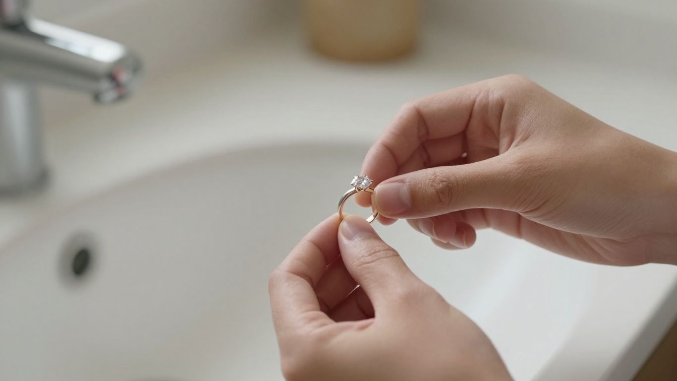 Hands placing a diamond ring beside a sink
