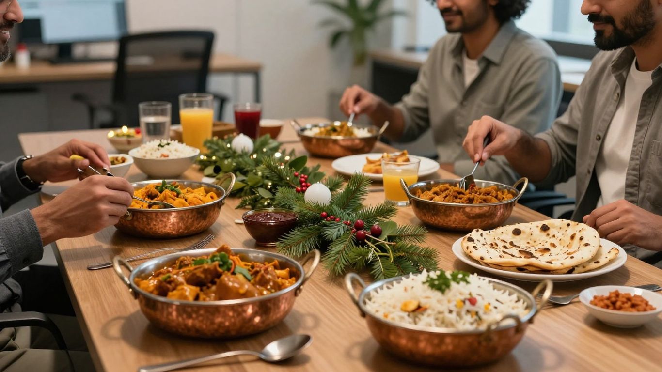Colourful Indian Christmas buffet on office table