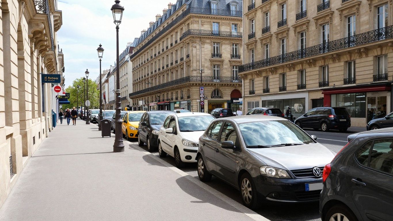 Voitures garées dans une rue parisienne avec des bâtiments haussmanniens.