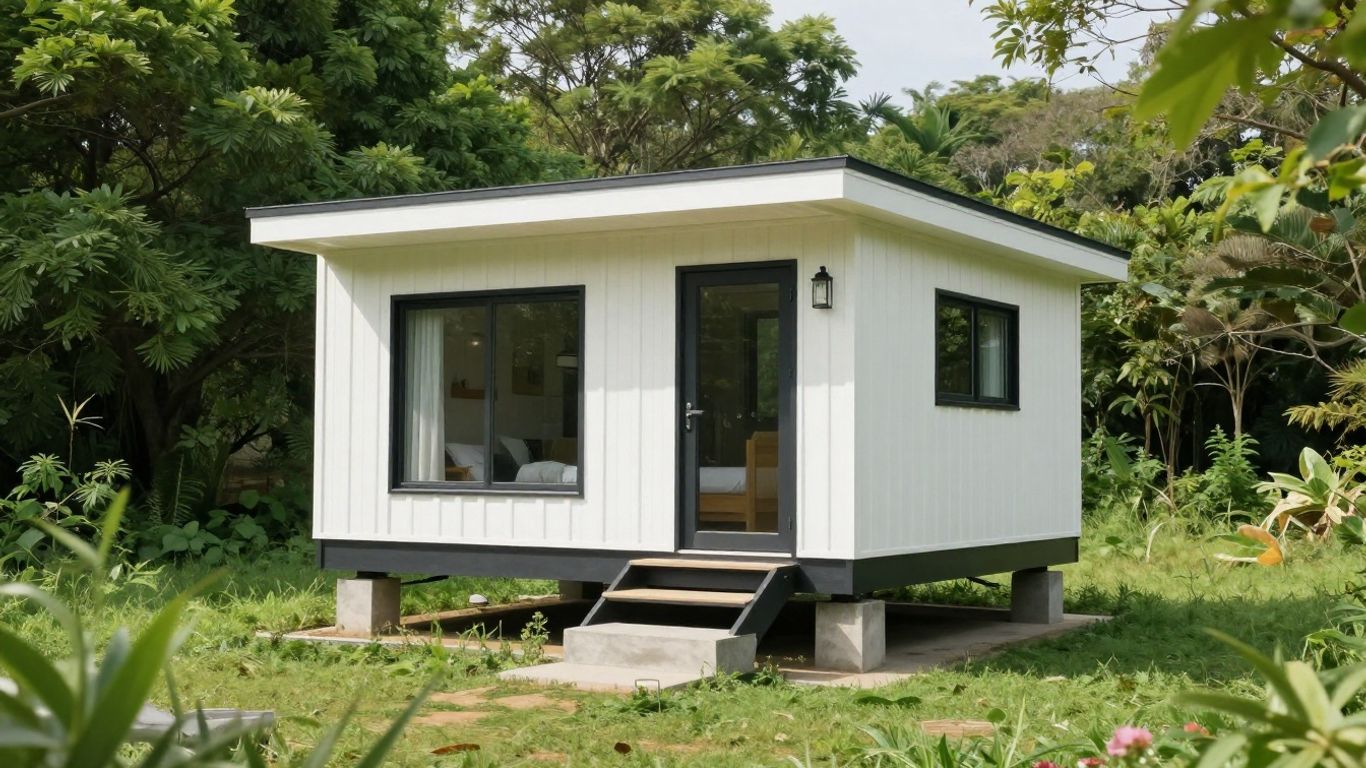 Tiny home on a concrete foundation in a garden.