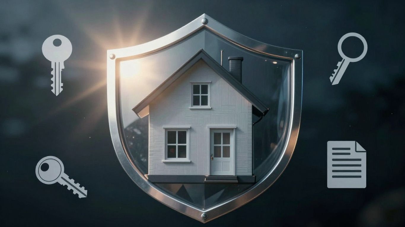 Casa protegida con escudo de seguro y llaves.
