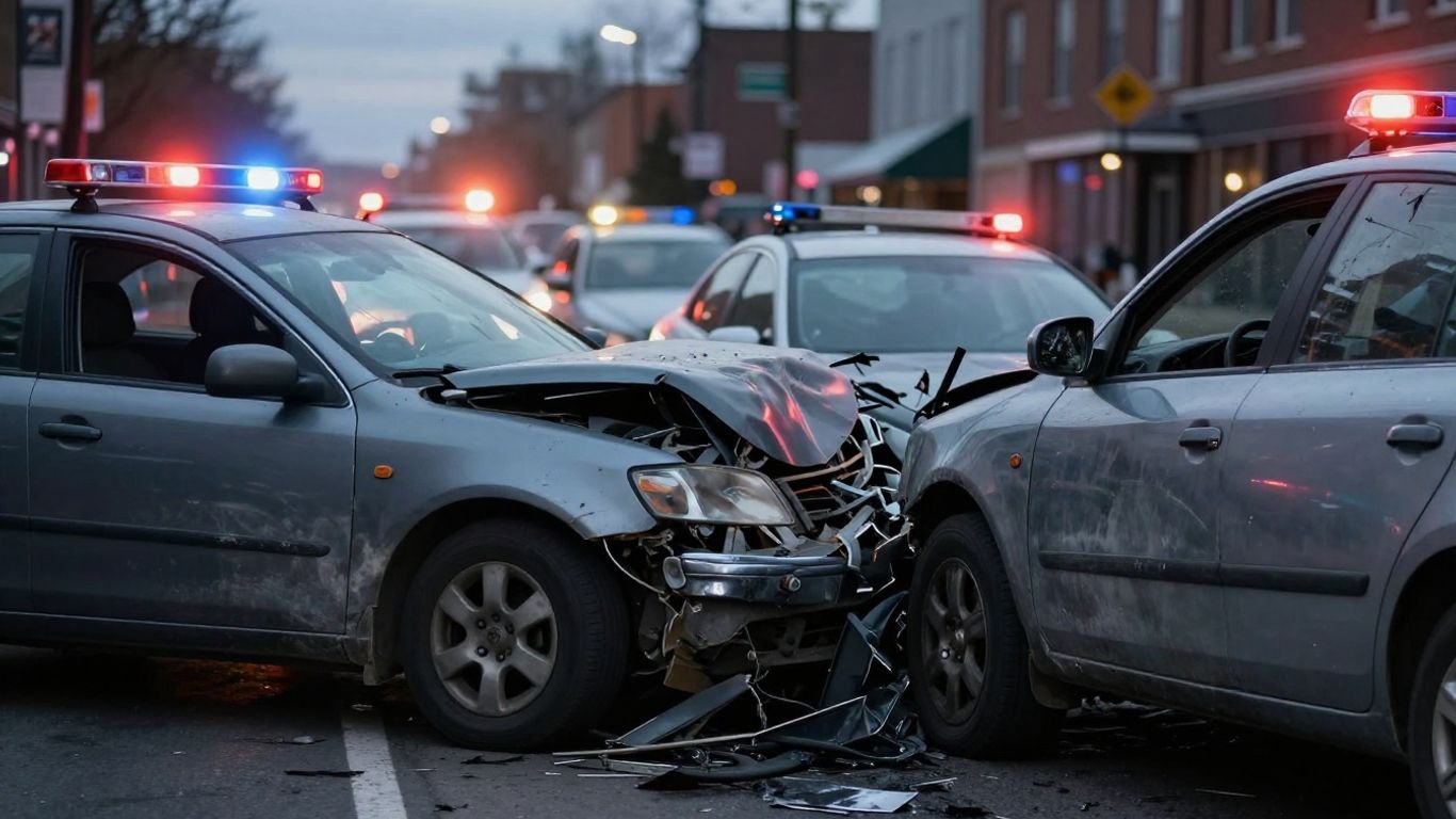 Car accident wreckage in Duluth with emergency lights.