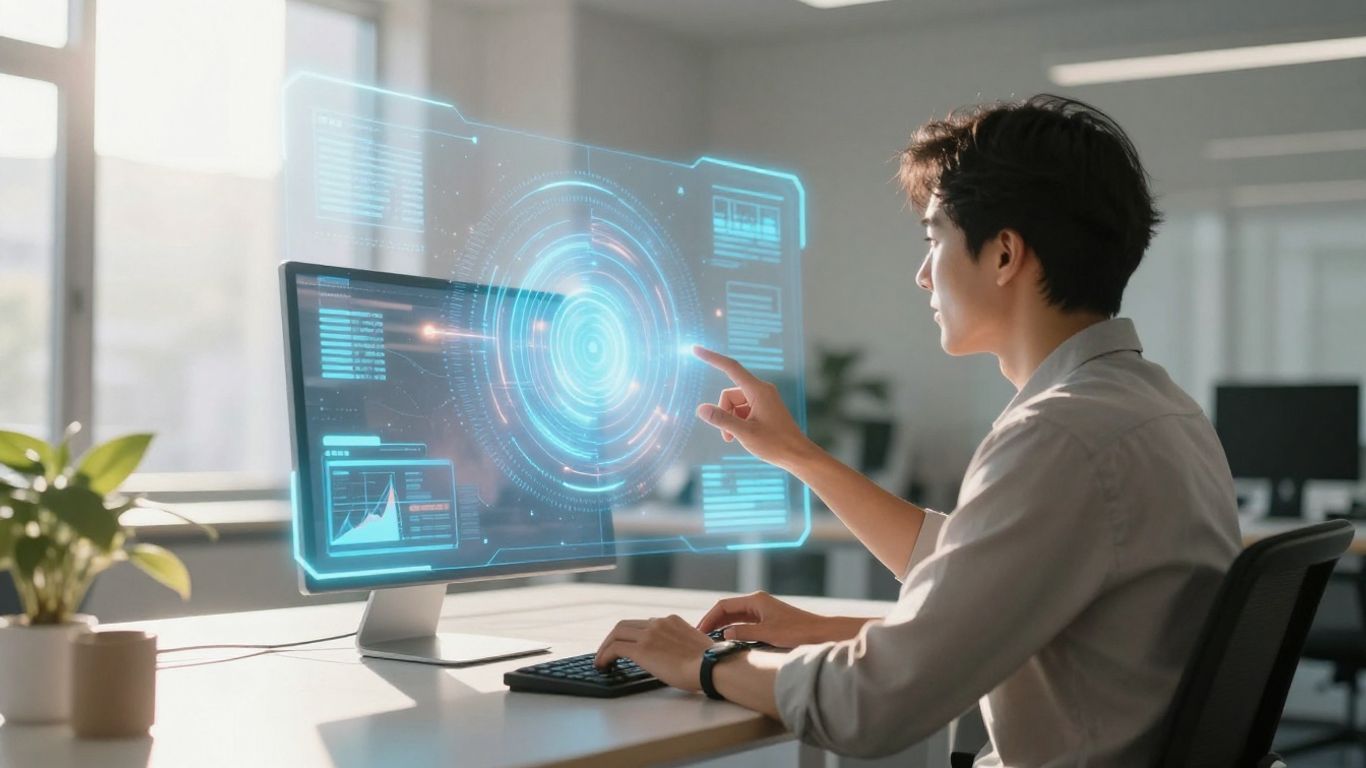 Personne travaillant avec une interface IA holographique futuriste.