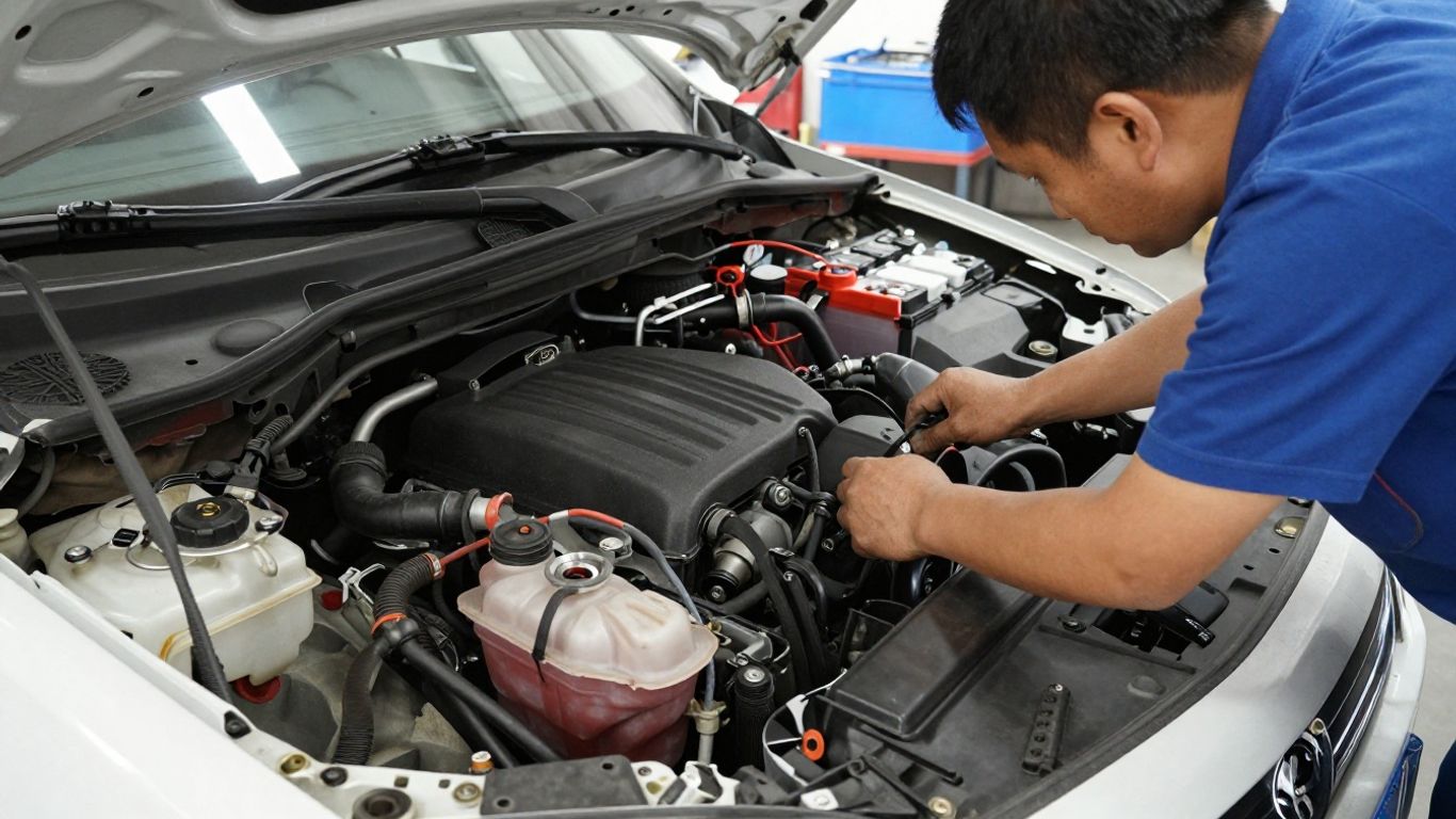 Technician inspecting cooling and electrical vehicle components