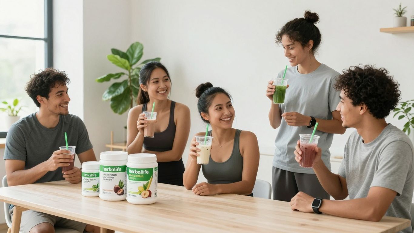 Group with Herbalife shakes in a bright wellness room