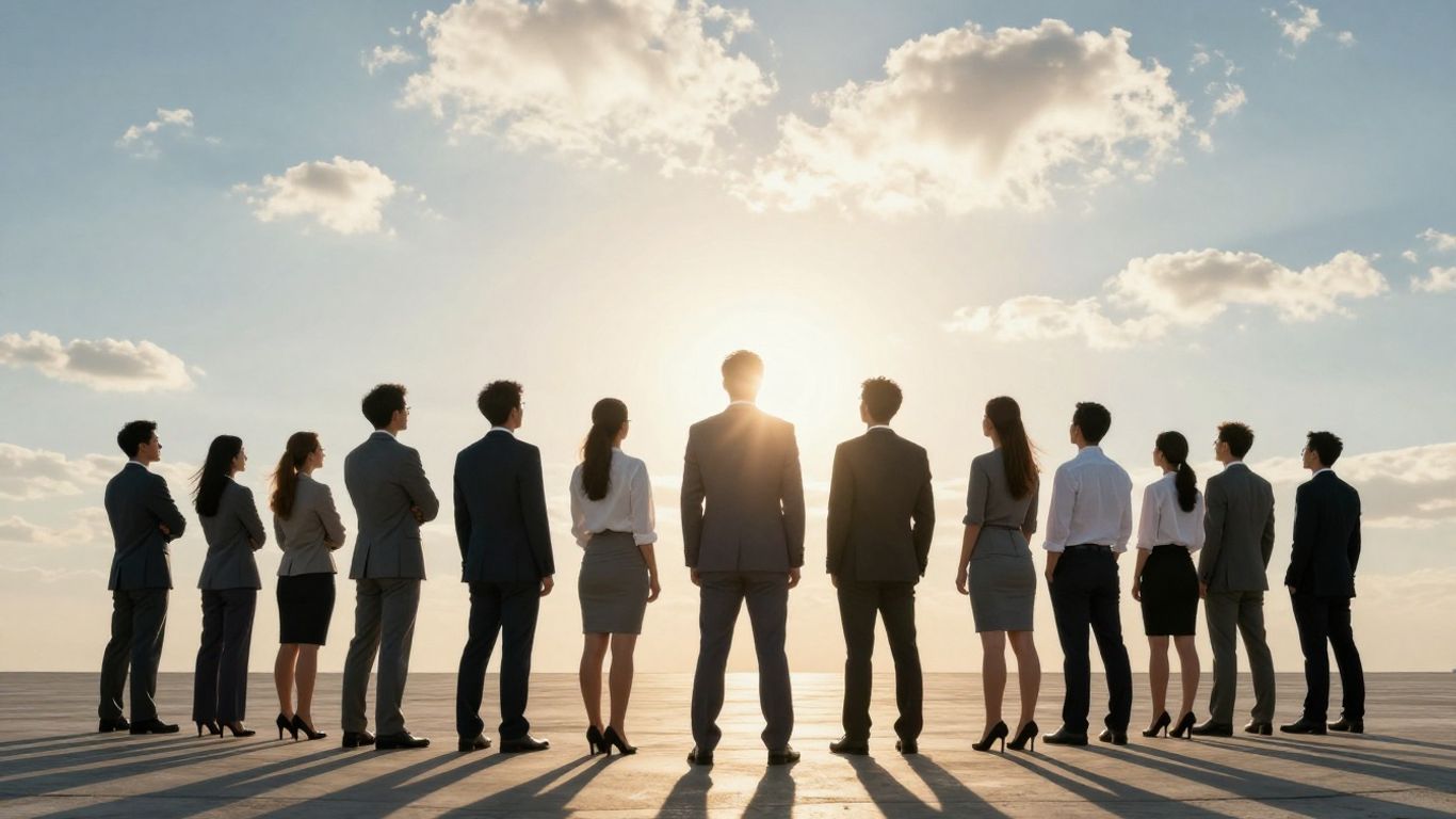 Profesionales mirando hacia un horizonte brillante, simbolizando oportunidades de carrera globales.