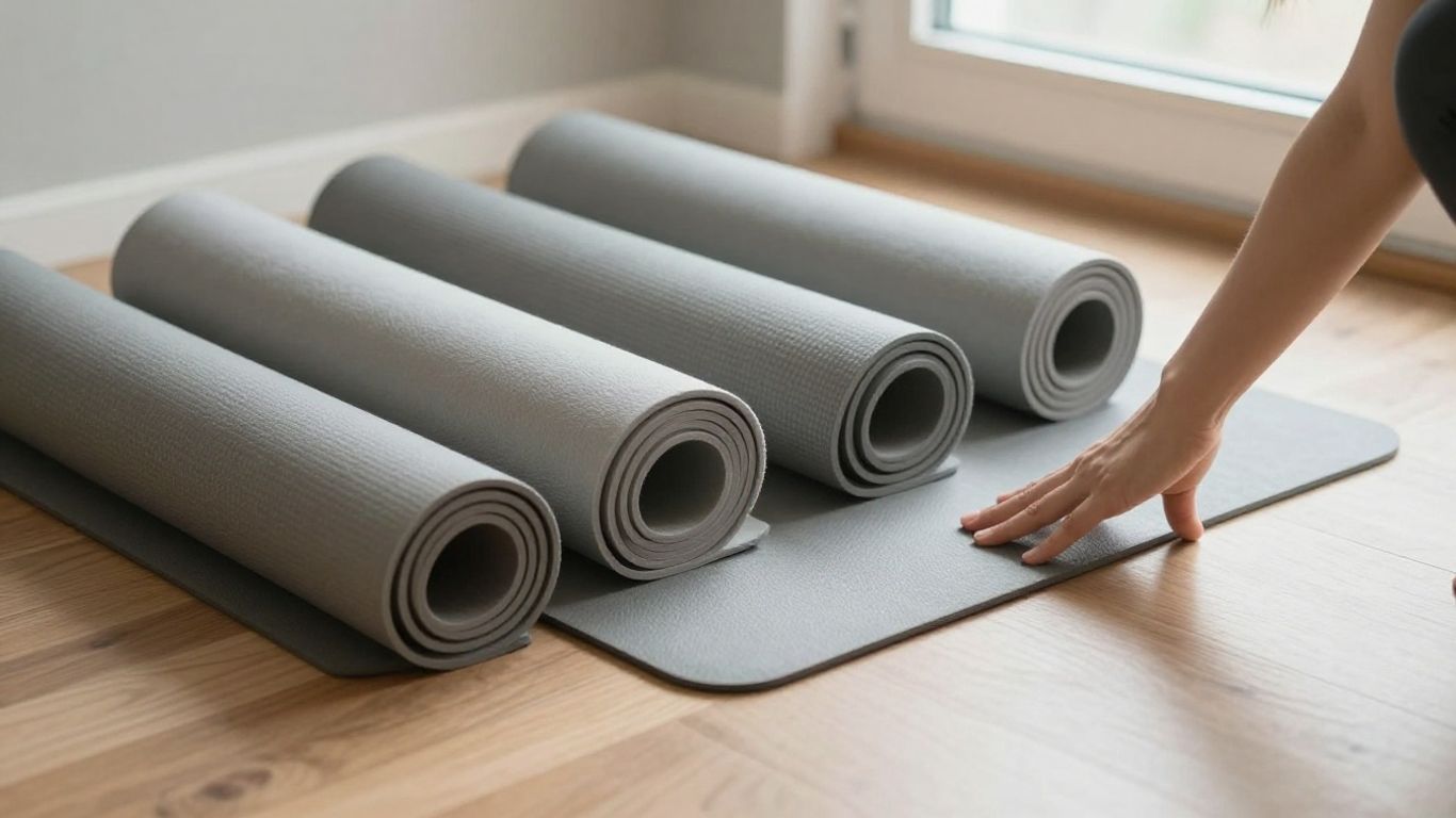 Yoga practitioner choosing a mat indoors