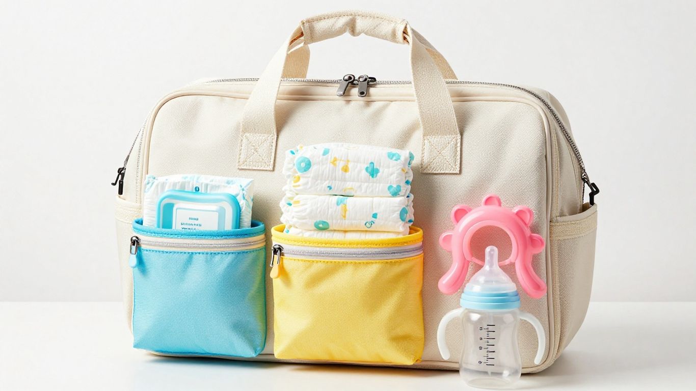 Diaper bag organized with colorful pouches and baby essentials.