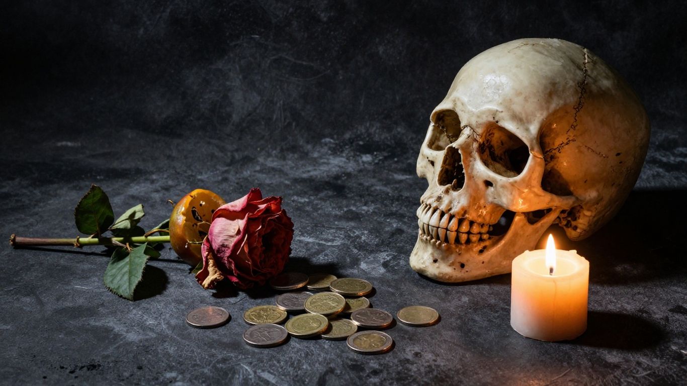 Schädel, Blume, Münzen und Kerze in einem Stillleben.