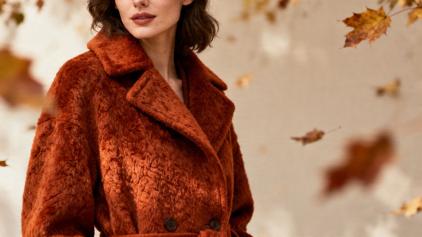 Woman in stylish autumn coat with falling leaves.