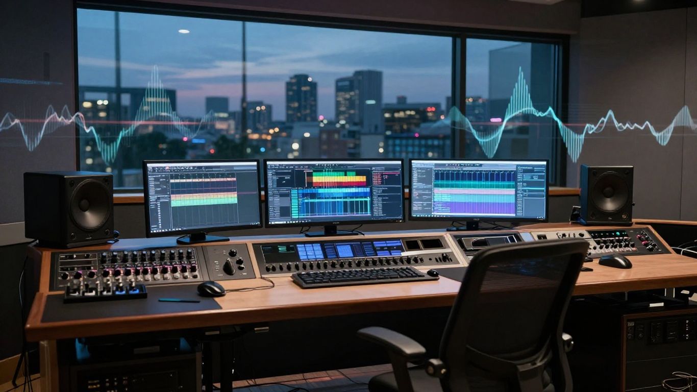 Hyperrealistic recording studio with AI music technology