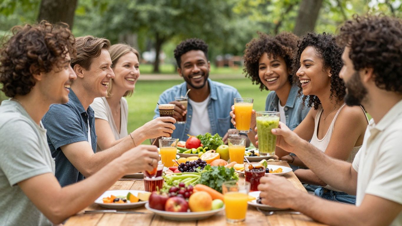 Smiling people share healthy food outdoors together.