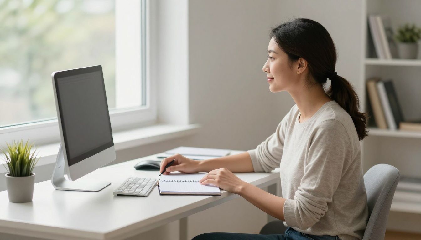 A diverse professional mother sitting at a clean, minimalist desk with a journal, looking out a window with a peaceful but focused expression, natural light filtering in, high resolution photography
