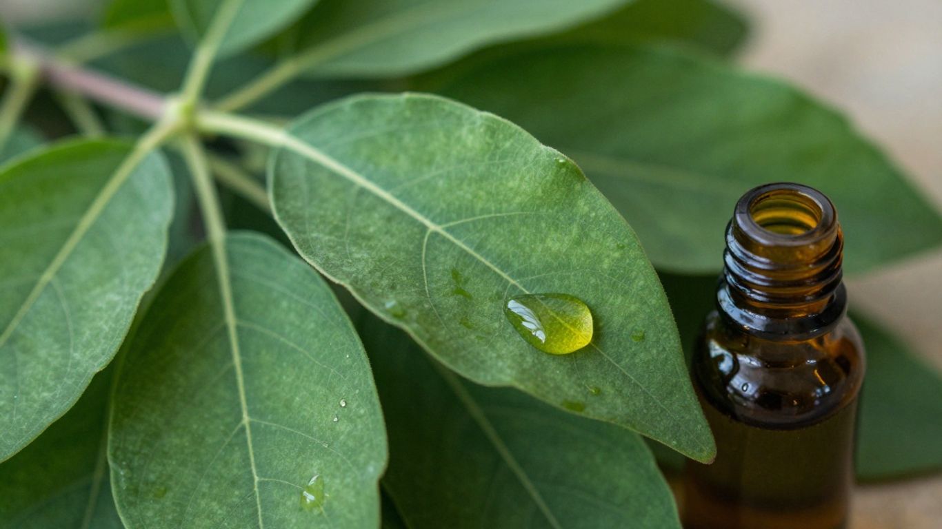 Patchouli leaves with essential oil droplets.
