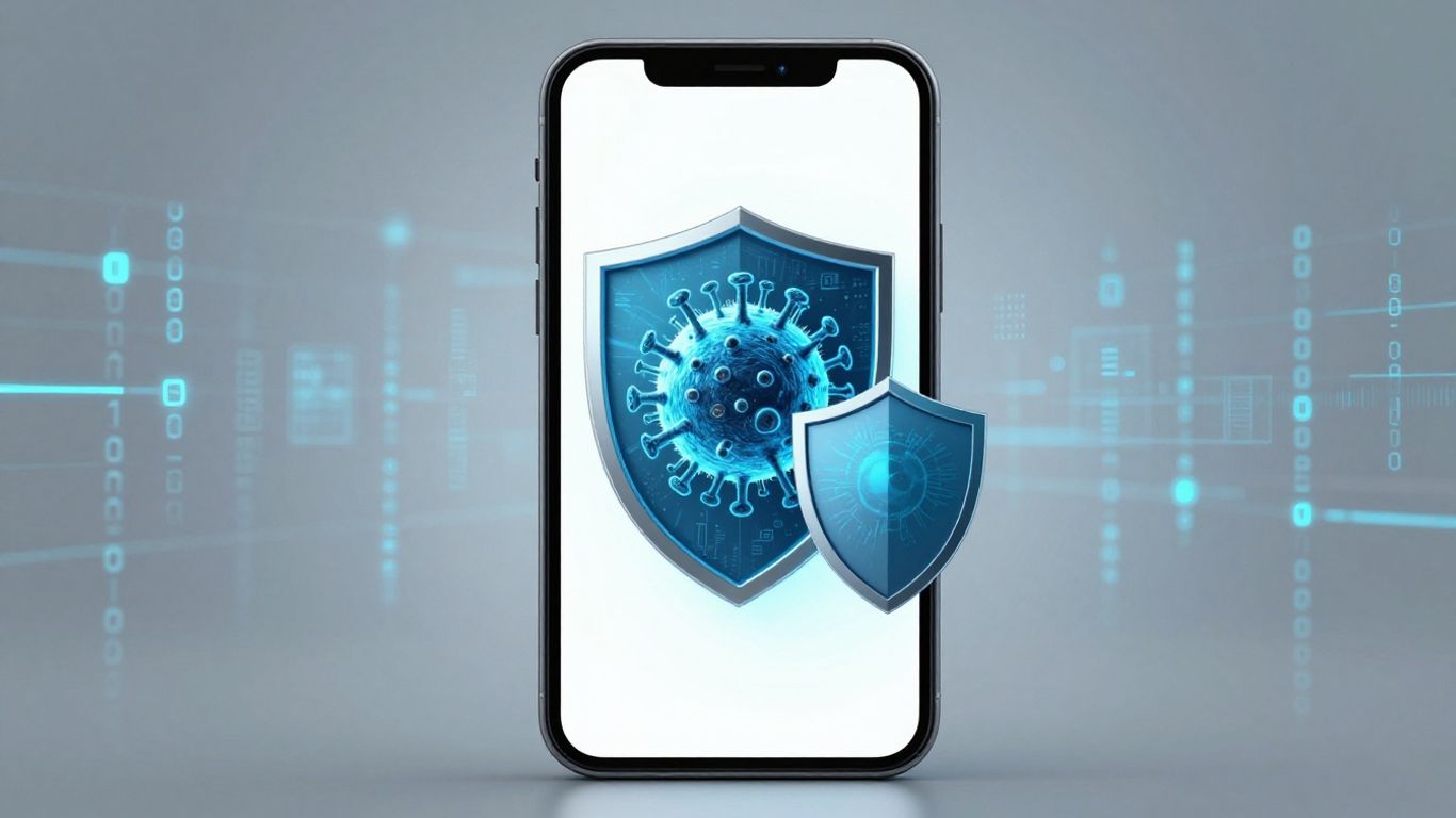 Celular com antivírus protegendo contra vírus digitais.