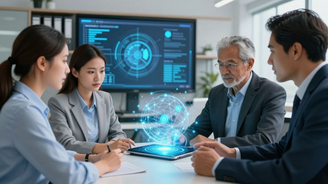 Insurance professionals examining blockchain network concept