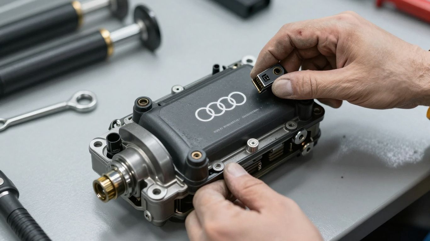 Mechanic examining a clean used Audi replacement component