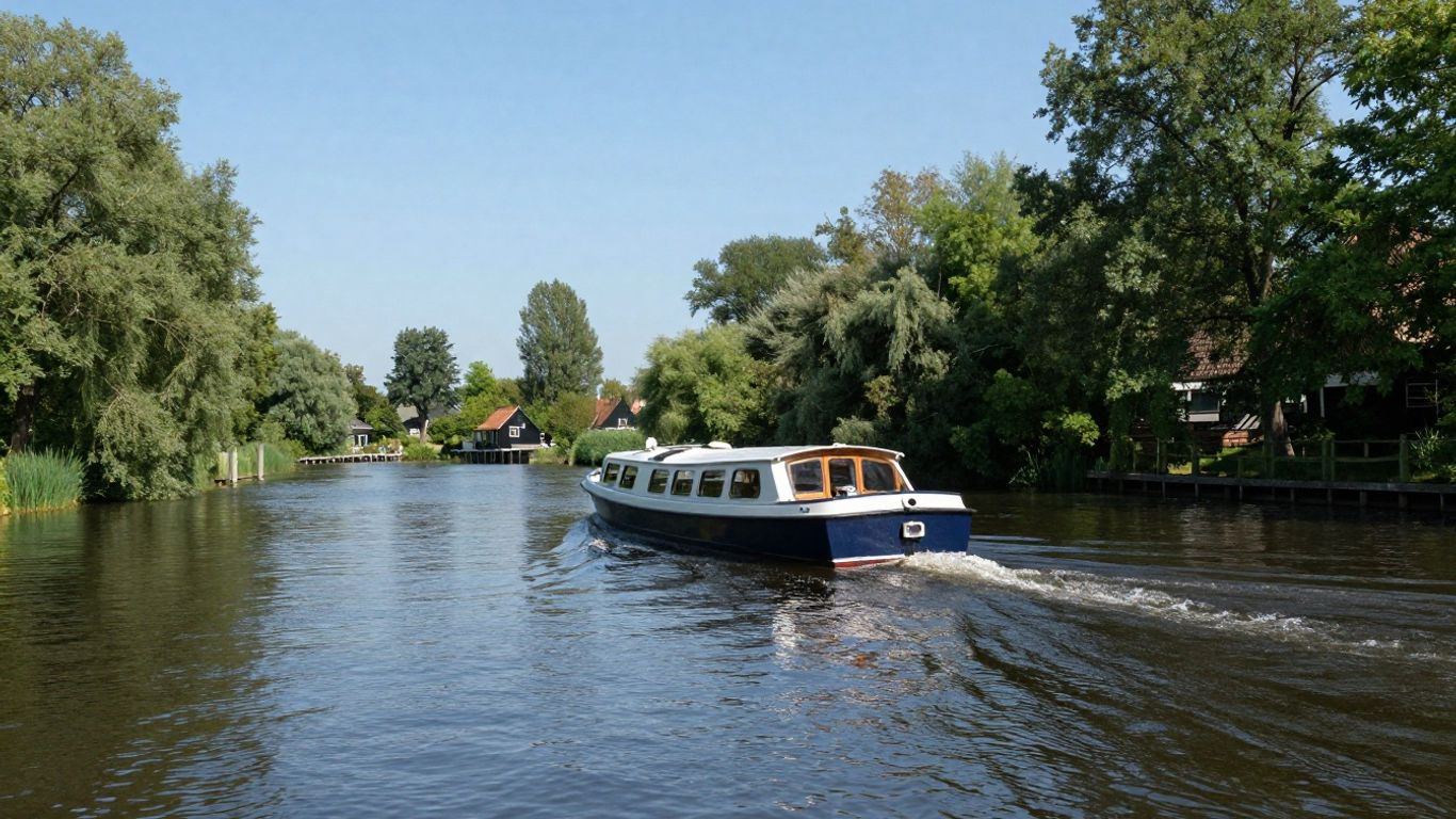 Elektrische sloep vaart op de Vecht bij Ommen.
