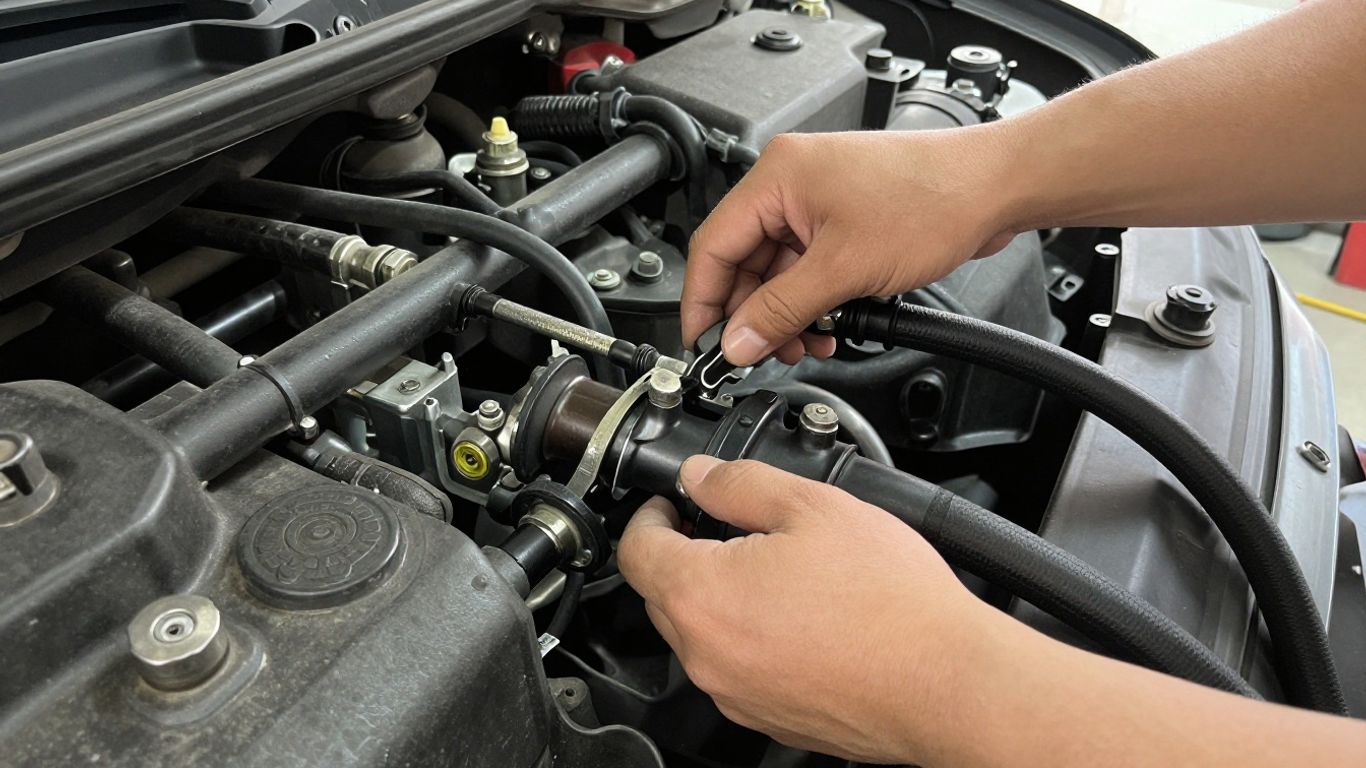 Mechanic inspecting hydraulic steering components