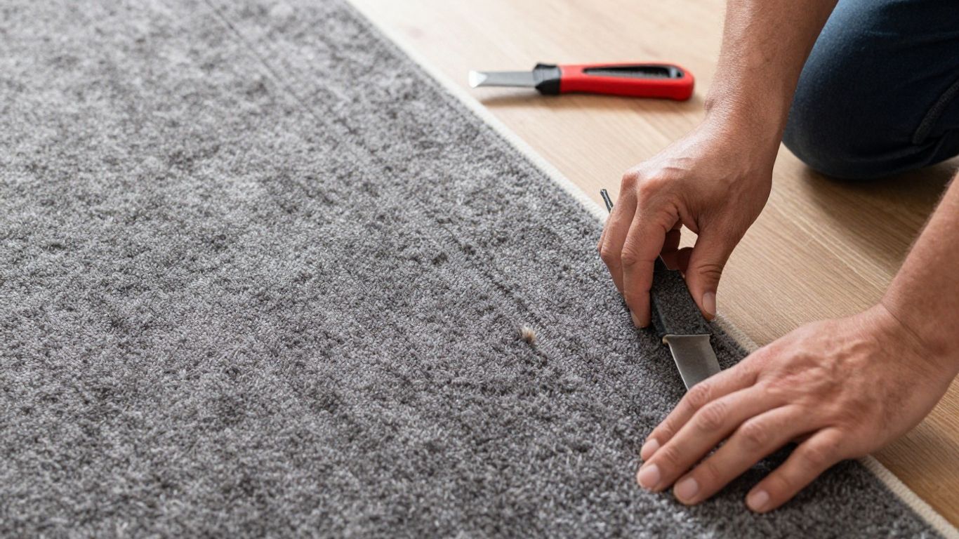 Carpet fitter laying carpet in Bristol home.