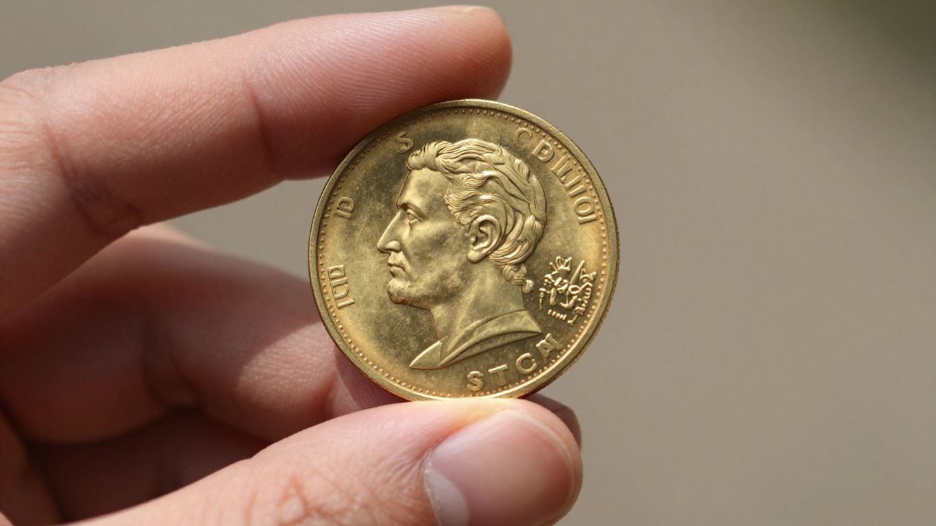 Main d'une personne tenant une pièce d'or brillante.