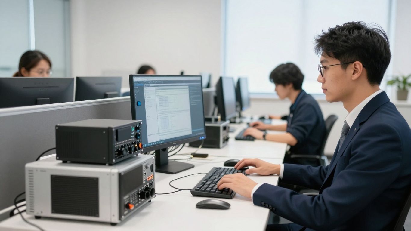 Local technicians inspecting network cabling in an office