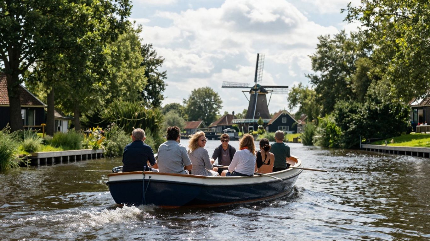 10 persoons sloep op een Nederlandse gracht met molen