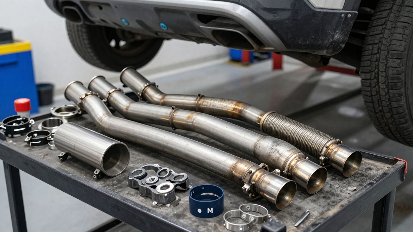 Mechanic comparing exhaust replacement components