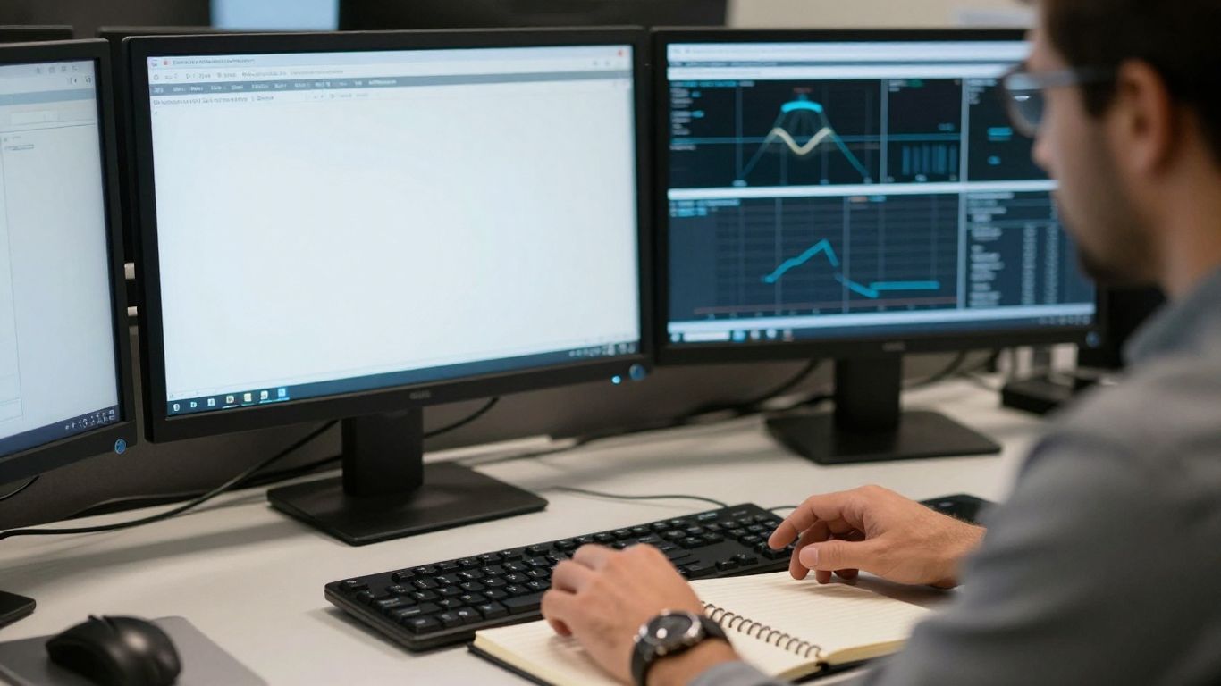 Futures trader studying a laptop in a calm workspace