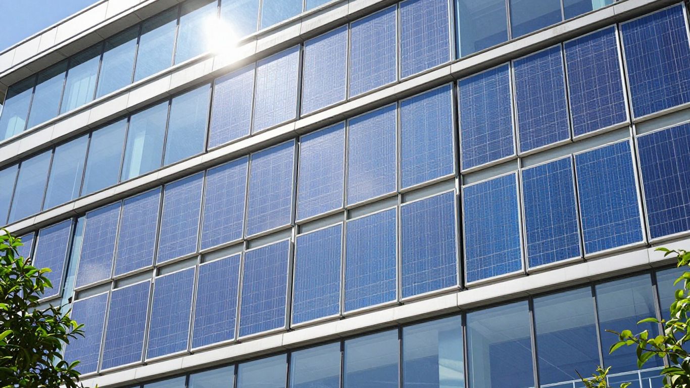 Transparent solar panels integrated into a building facade.