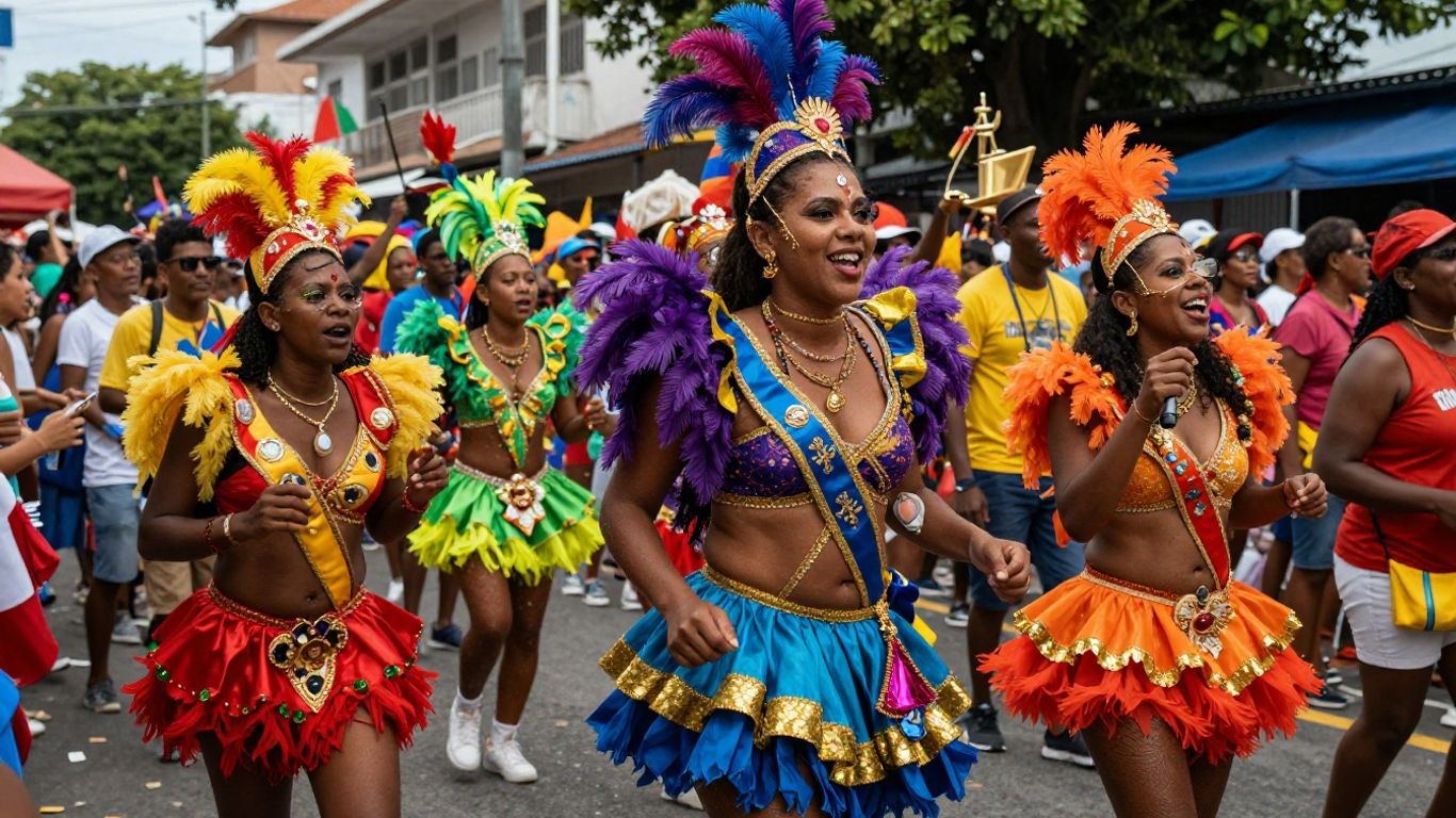 Carnaval kostuums en optochten met vrolijke mensen.