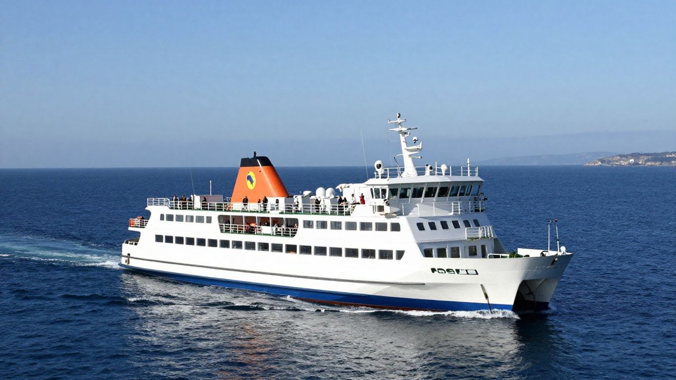 Ferry sailing across the sea towards the coast.