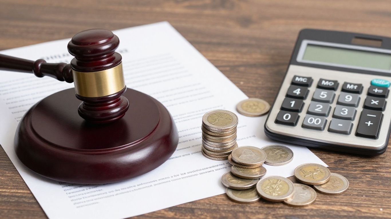 Gavel on document, coins, and calculator.