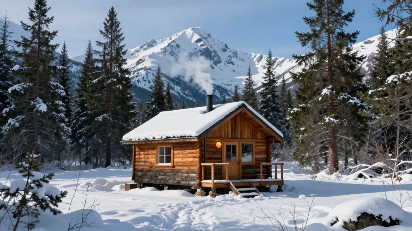 Tiny home in snowy Alaskan wilderness with mountains.