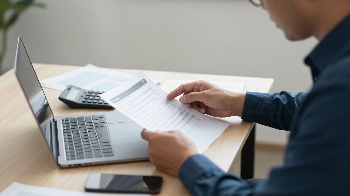 Finance professional reviewing statement data on laptop
