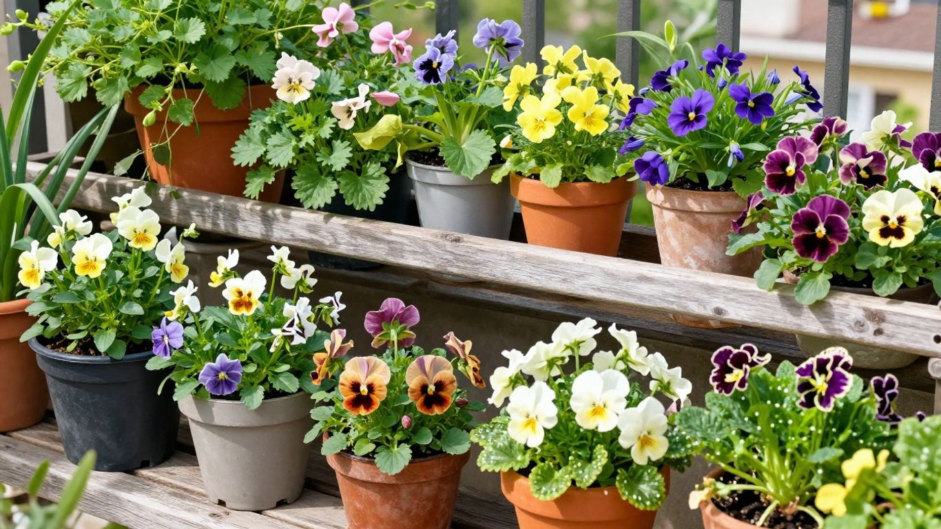 Balkon mit blühenden Frühlingsblumen für Insekten.
