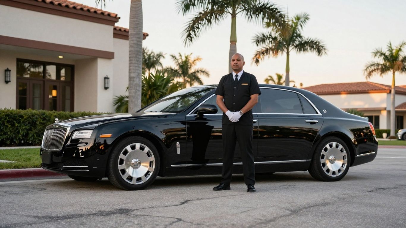 Professional chauffeur beside a luxury sedan