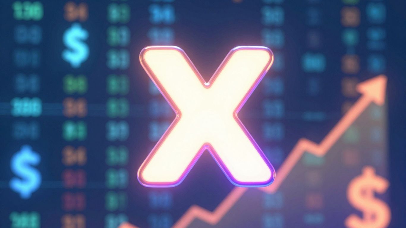 Glowing X logo with currency symbols and data streams.