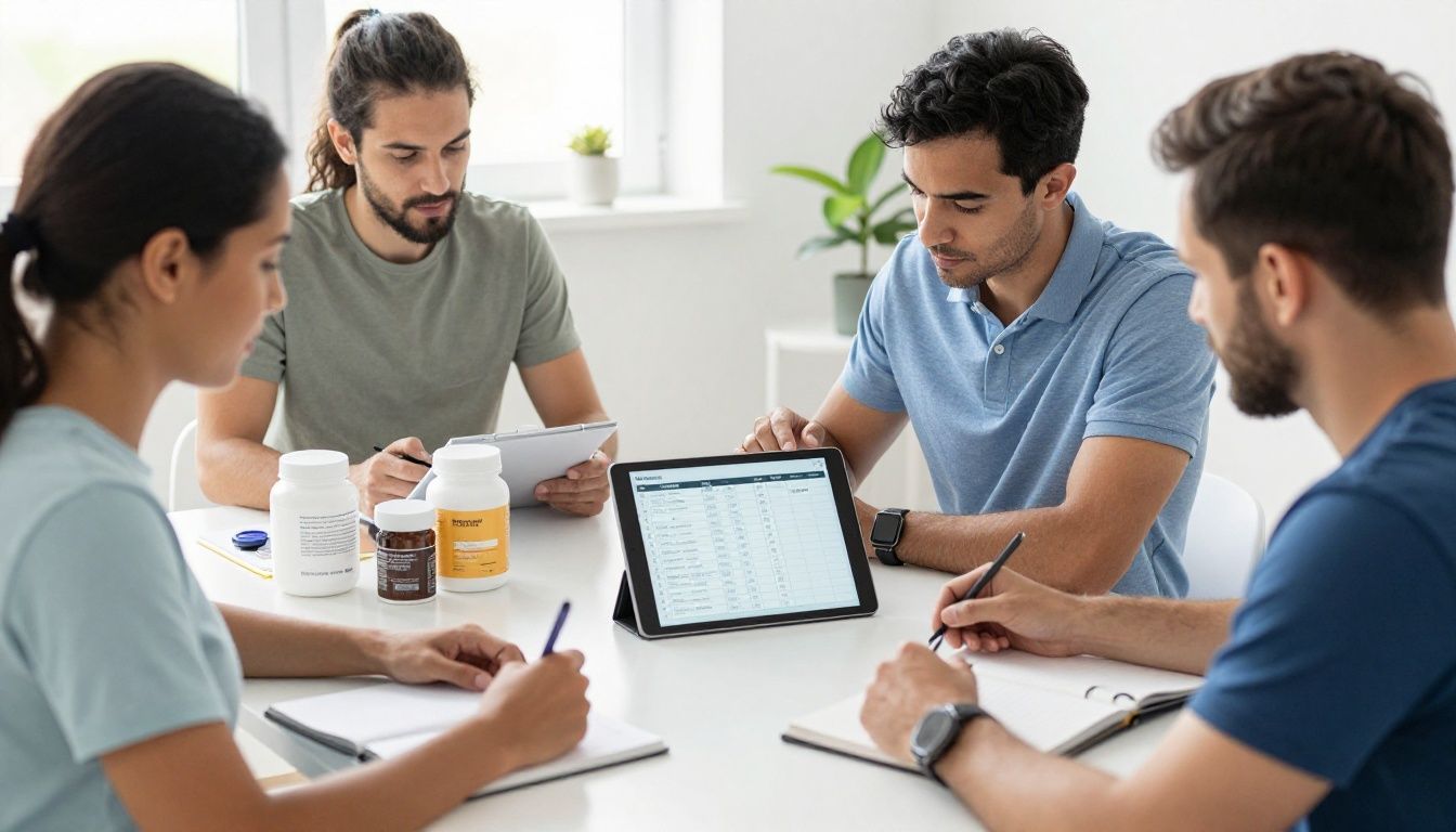 Bright modern health-tech scene with a diverse group of adults reviewing an organized peptide protocol schedule on a tablet beside clearly labeled supplement containers, lab results, fitness gear, and a recovery journal; clean workspace, natural light, realistic photography, no text or logos