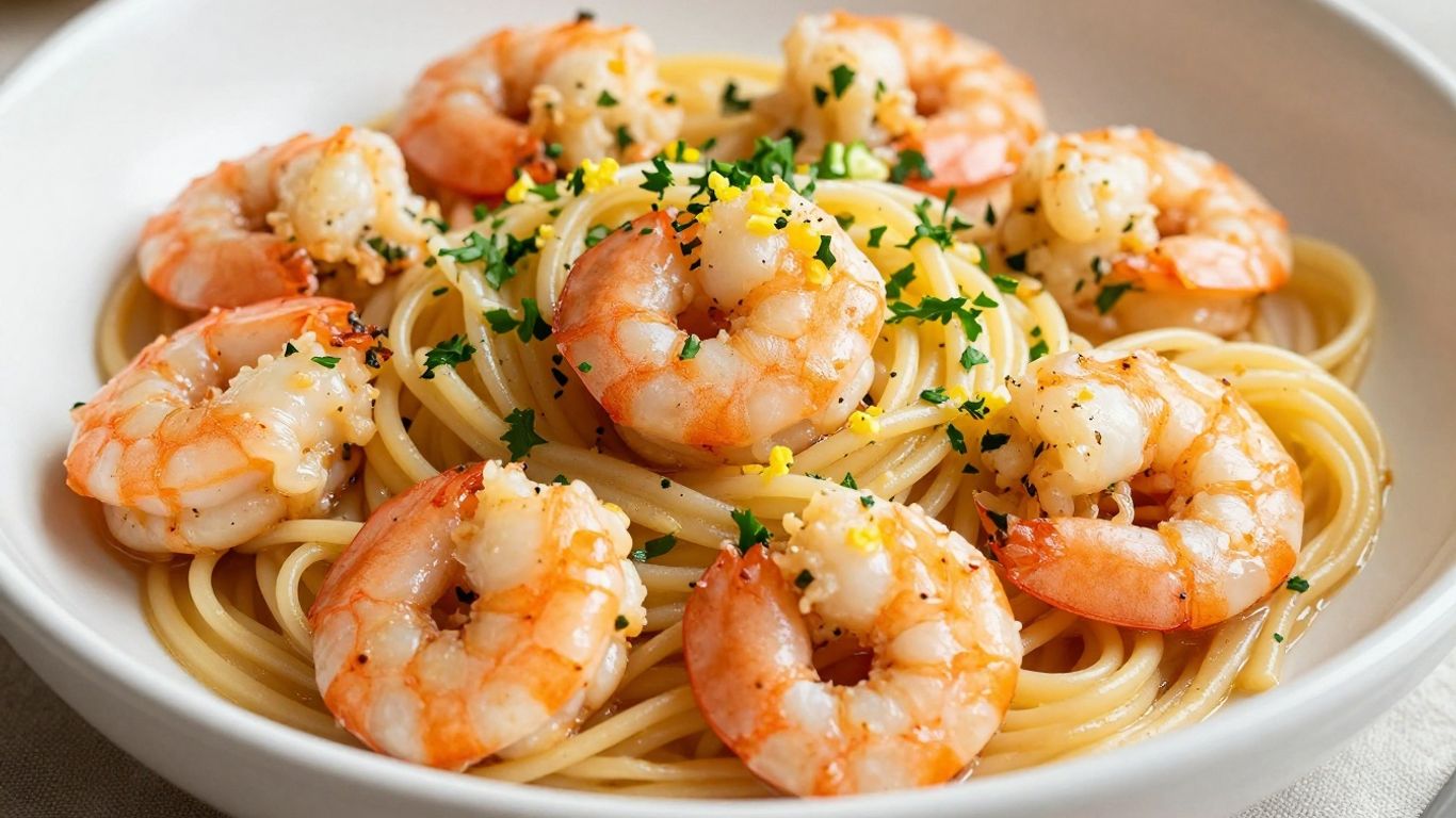 Garlic lemon shrimp pasta in a bowl