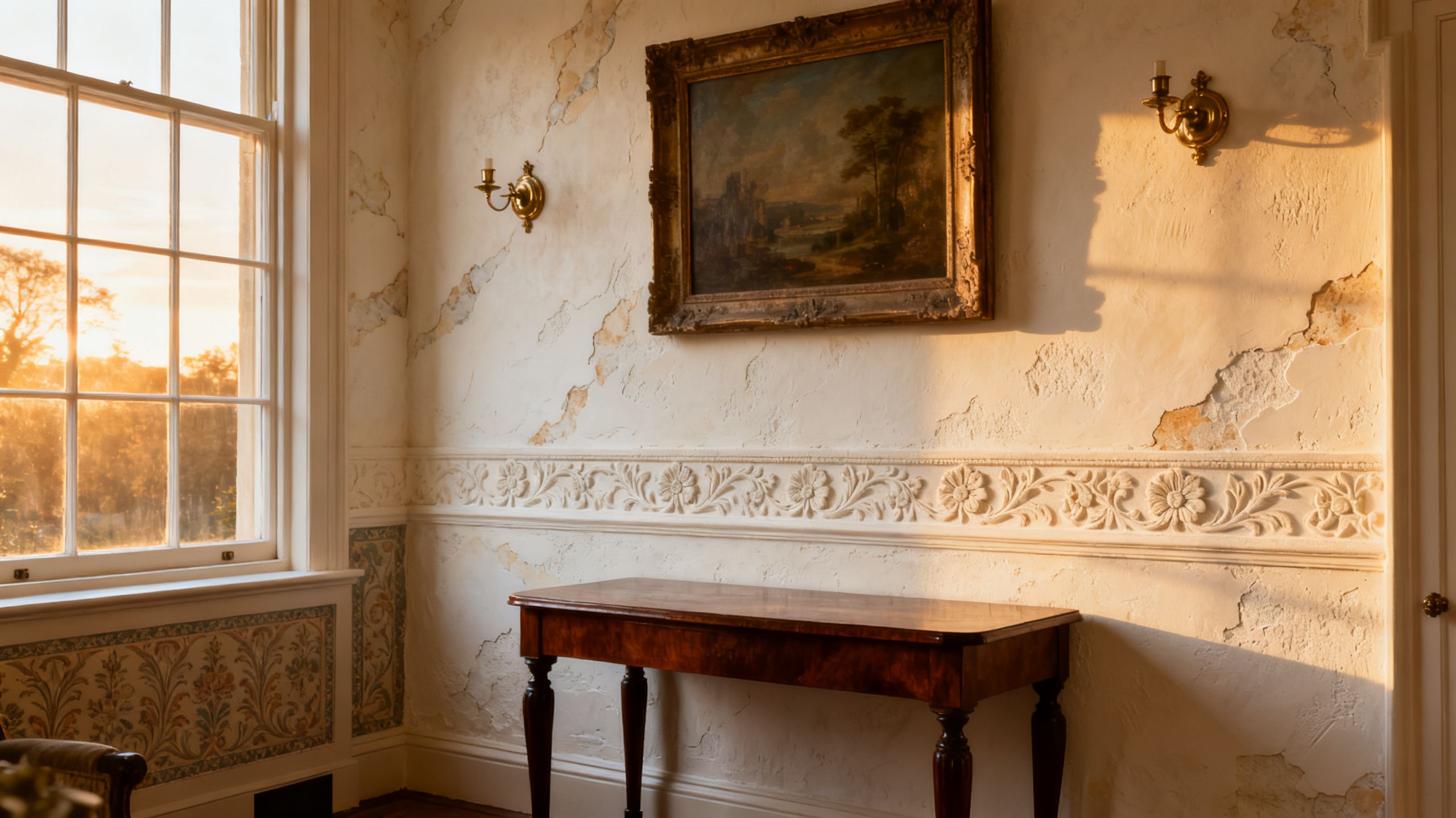 Traditional lime plaster finish with a softly textured surface on the interior wall of a period Victorian property