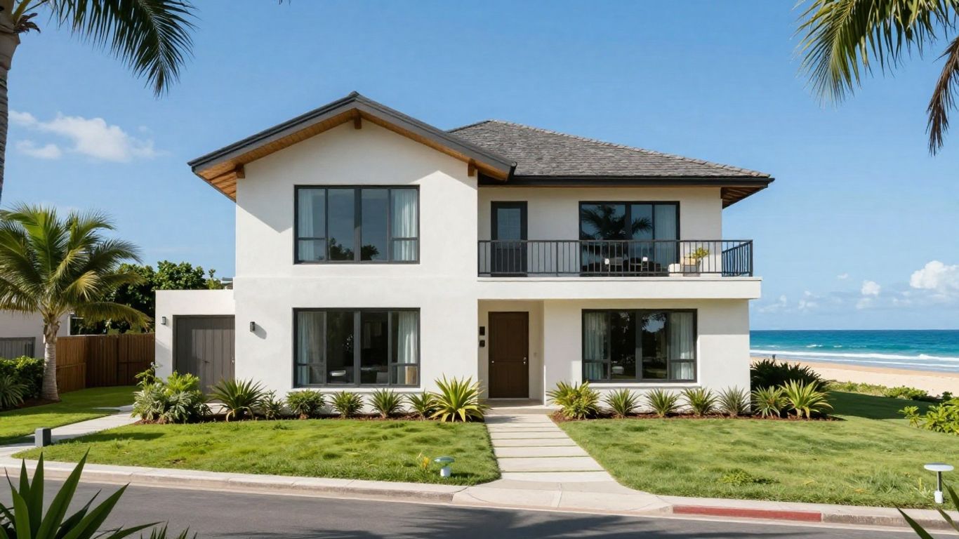 Casa de vacaciones soleada con playa y mar.